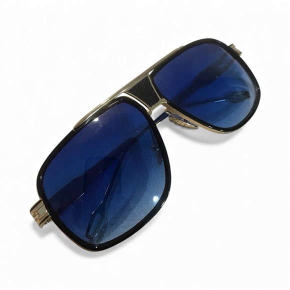 Street Knitted Men's Oversized Blue Lens Black & Gold Frame Sunglasses & Case - Picture 6 of 10